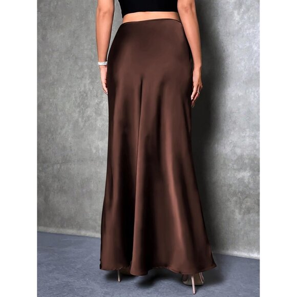 Women Deep Brown Maxi Dressy Casual Zipped High Waisted Silk Elegant Long Skirt - Picture 6 of 7